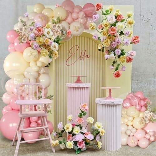 NUTTYBASH Pink and Yellow Balloon Arch Garland Kit 126Pcs Pastel Light Pink Sand White Balloons for Birthday Baby Shower Bridal Shower Wedding Bee Bear Party Decorations - Thumbnail 5