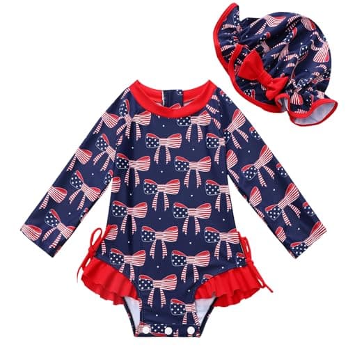 AMAWMW Infant Baby Girl Swimsuit Long Sleeve One-Piece Swimwear with Hat Rash Guard Floral Zipper Bathing Suit Beach Wear - Image 1