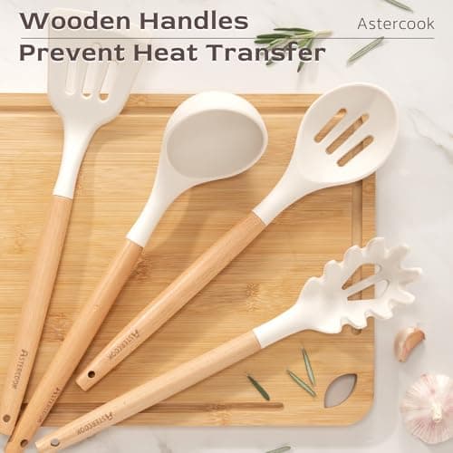 Astercook Kitchen Utensils set, 39 PCS Silicone Cooking Utensils Set with Wooden Handle, 446°F Heat Resistant Food Grade Utensil Sets, BPA Free Kitchen Gadgets Tools Set for Nonstick Cookware (Cream) - Thumbnail 5