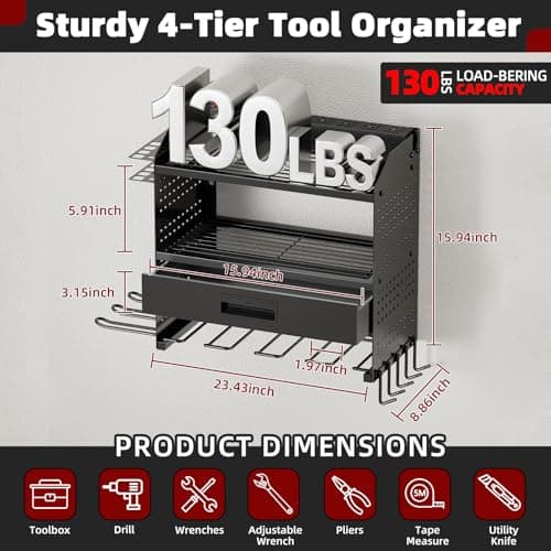 SEENWUUN Power Tool Organizer Wall Mount Heavy Duty 130 lbs, 4 Layers Storage Rack with 6 Drill Holders & Battery Storage, Cordless Tool Organizer for Garage, Workshop & Tool Room - Thumbnail 3