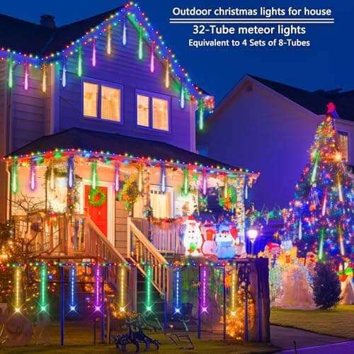 Christmas Outdoors Decoration, 32 Tubes Meteor Shower Lights Outdoor Indoor, Lauzior Snow Falling Icicle Cascading Lights for Christmas Halloween Decor Xmas Tree Holiday Yard Wedding Party, Multicolor - Thumbnail 2