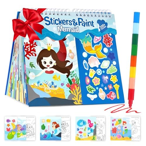 YPLUS Mermaid Sticker Books for Kids Ages 3-5, Toddlers 2 in 1 Stickers & Coloring Kit with Crayons - DIY Arts and Crafts, Educational Travel Toys for Girls, Road Trip Essentials & Birthday Gifts - Image 1