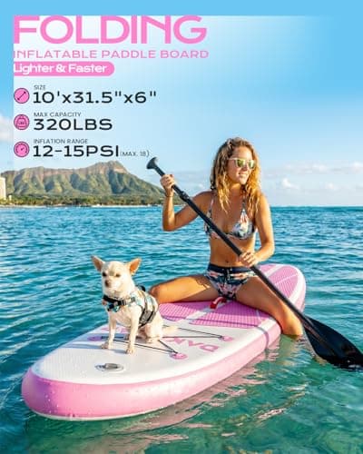 DAKUWAR Inflatable Paddle Board 10'x31.5''x6'' Folding Stand up Paddle Boards with SUP Accessories Valve Adaptor/2 fins/SUP Backpack/Ankle Leash/Repair Kit (Pink and White) - Thumbnail 3