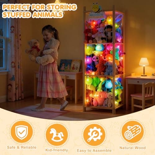 Hsenowi Stuffed Animal Storage Zoo Organizer Natural Pine Plushies Storage with Elastic Bands Vertical Wood Toy Holder Mesh Net Space Saving Design for Playroom Nursery Kids Bedroom - Thumbnail 3