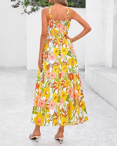 PRETTYGARDEN Womens Summer Dresses 2026 Casual Spaghetti Strap Ruffle Smocked Flowy Floral Spring Maxi Dress with Pocket(White Yellow Flower,X-Large) - Thumbnail 5