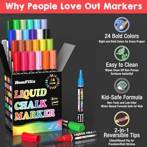HomFilix 24-Color Liquid Chalk Markers Set, Erasable, Dust-Free, for Blackboard, Glass, Cars, Windows - Ideal for Display, Creativity, Art Projects, Dry Erase Markers - Thumbnail 2