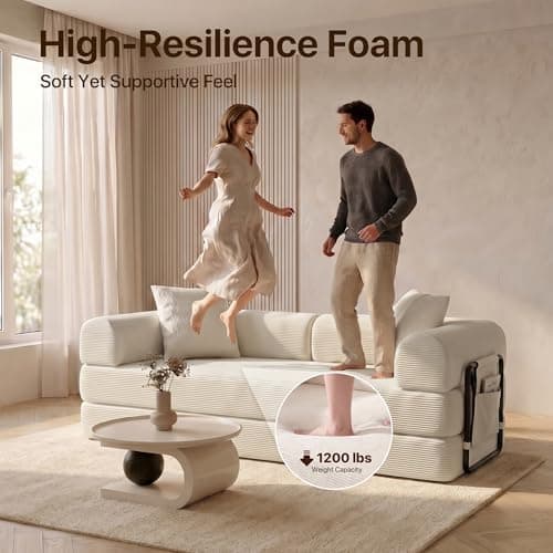 78.8Inch Convertible Sofa Bed, 5-in-1 Futon Sofa Bed Pull Out Couch bed, folding Boneless Couches for Living Room, Corduroy Boneless Couches for Bedroom, Apartment, No Assembly Sleeper Sofa(Off-White) - Thumbnail 5
