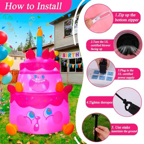 GIFTFIND 6FT Strawberry Birthday Cake Inflatable with Rotating LED Lights, IP65 Waterproof Fabric Yard Decoration for Girls Kids Party, Includes UL Blower Stakes & Ropes - Thumbnail 6