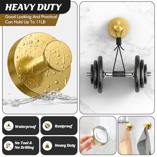 MOTAIPEAK Suction Cup Hooks,No Drill Shower Hooks for Inside Shower,Heavy Duty Towel Hooks for Wall,Bathroom,Kitchen,Glass,Mirror,Tile to Hang Towels,Loofah-Gold(2 Pack) - Thumbnail 5