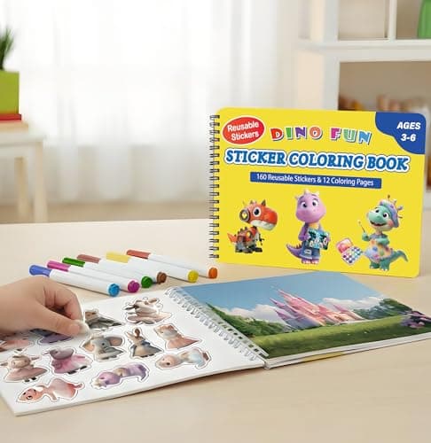 Dino Fun Reusable Sticker & Coloring Book for Kids | 2-in-1 Set with 160+ Stickers, 6 Markers & 11 Themes | Educational Travel Toy Gift for Ages 4-8 - Thumbnail 3