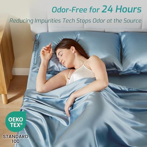 Silver Infused Bed Sheets - 20% Silk Blend Ultra-Soft Temperature-Regulating Fabric with Self-Cleaning that Stays Fresh 3X Longer for Hygienic Sleep (Light Blue, CK) - Thumbnail 2