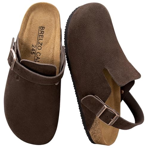 Brelzo Calvior Womens Suede Clogs Mens Leather Mules Arch Support Potato Shoes Slip On Slipper Sandals with Adjustable Buckle for Outdoor Use, Dark Brown Size 8-8.5 - Image 1