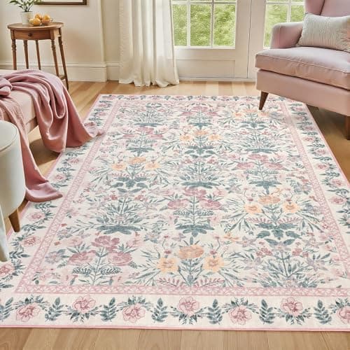 Pink Rugs for Bedroom Girls: Floral 5x7 Washable Area Rug for Nursery Kids Room Living Room Boho Decor - Soft Non-Slip Non-Shedding Carpet - Image 1