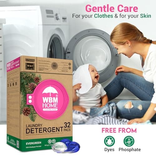 WBM Laundry Detergent Pods - Ultra-Concentrated, Hypoallergenic, Stain-Fighting, Evergreen Scent, 32-Pack, Recyclable Packaging for Eco-Friendly Cleaning - Thumbnail 6