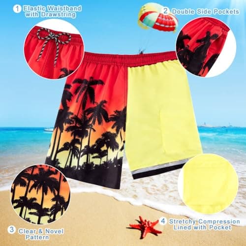 Cozople Boys Palm Tree Swim Trunks Quick Dry UPF Boxer Brief Liner Swimwear Bathing Suits Summer Surfing Beach Boardshorts Swimsuit with Inner Compression Shorts Lining - Thumbnail 4
