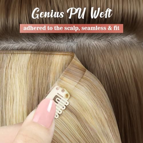 Ve Sunny Blonde Clip in Hair Extensions Real Human Hair 14 inch Seamless Genius Remy Hair Extensions Clip in Human Hair Platinum Blonde for Women 105g - Thumbnail 5