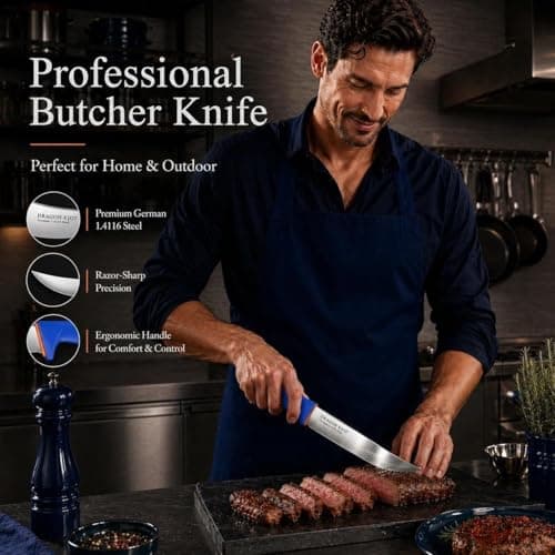 DRAGON RIOT 3 Pcs Butcher Knives Set, Meat Processing Knife Set for Brisket Trimming with German Stainless Steel and Blue Non-slip Handle Gift for Men - Thumbnail 3