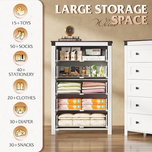 GALAXHERO Farmhouse White TV Stand, 5 Drawer TV Console, Tall Wood Media Console with Double Rustic Handle, Entertainment Center for Living Room, Hallway, Closet - Thumbnail 5