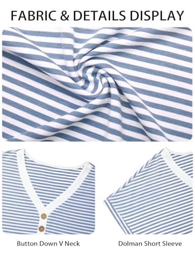 Short Sleeve Tops for Women Striped Henley T-Shirts V Neck Dressy Casual Button Front Blouses Summer Trendy Dolman Sleeve Tee Shirts 2026 (Blue, Small) - Thumbnail 6