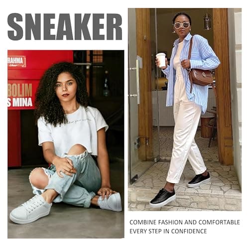 Vepose Women's White Fashion Casual Sneakers, Laces Trendy Sneakers Low Platform with PU Leather, Full White, Size 10 US - Comfortable Walking Shoes (CJY8002 White 10) - Thumbnail 2