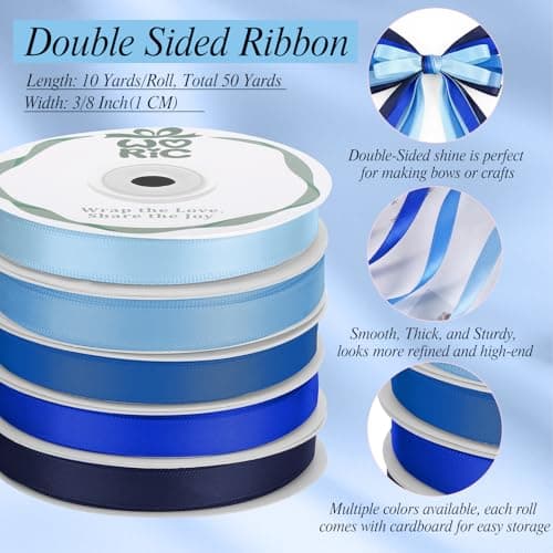 woric Double Faced Blue Ribbon 3/8 Inch x 5 Rolls Total 50 Yards, 10 Yd/Roll Craft Thin Satin Ribbon for Gift Wrapping Hair Bows Baby Bridal Shower Wedding Graduation Mother's Day Decoration - Thumbnail 3