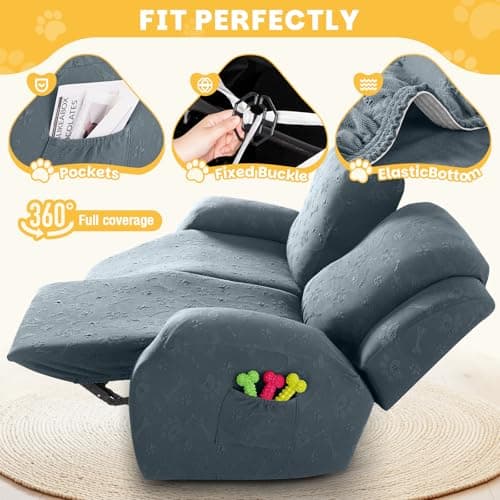 Ruaozz Loveseat Recliner Covers, 6 Pieces Dual Recliner Couch Cover Stretch Paw Bone Prints Reclining Sofa Slipcovers Soft Furniture Protector with Pockets for Dogs Pets (2 Seat, Gray) - Thumbnail 4