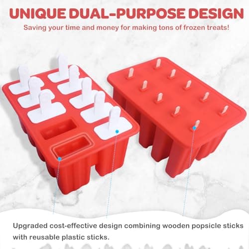 Miaowoof Homemade Popsicle Molds, 10-Cav Non-BPA Silicone Ice Pop Maker, with 50 Sticks, 50 Bags, 10 Reusable Sticks, Funnel, Brush and Ice Pop Recipe (Red+Bin) - Thumbnail 3