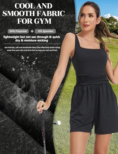 SLIMBELLE Built In Bra Athletic Rompers For Women Summer Square Neck Adjustable Strap Pleated Waist Pockets Short Jumpsuit One Piece Outfits BLACK S - Thumbnail 6