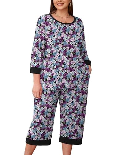 AusLook Women’s Plus Size Pajama Sets Floral 3/4 Sleeve Nightwear Top and Capri Pants 2 Piece Lounge Set with Pockets - Image 1