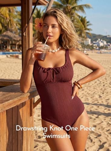 Aleumdr Women's Textured Swimsuits Tie Knot Tummy Control One Piece Swimwear Modest Vintage Bathing Suits with Cutout Burgundy Red Medium - Thumbnail 4