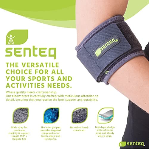 SENTEQ Elbow Brace Support Strap - Forearm Compression Sleeve, Tennis Elbow Brace for Men and Women, Fit Wrap Band for Weightlifting, Tennis, Golf Pressure Relief & Sports Injury Recovery, 2ct, 1-Pack - Thumbnail 2