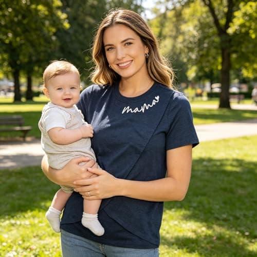 Nursing Shirts for Breastfeeding Double Layer Breast Feeding Tops Mama Postpartum Clothes Short Sleeve Maternity Tees Blue - Thumbnail 4