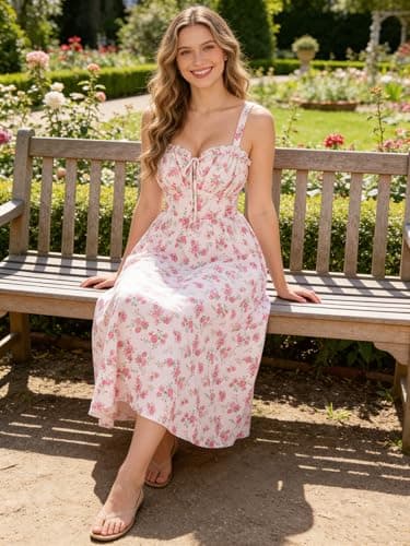 Women's 2026 Summer Floral Print Flowy A Line Dresses Milkmaid Maxi Dress with Pockets Pink Roses S - Thumbnail 5