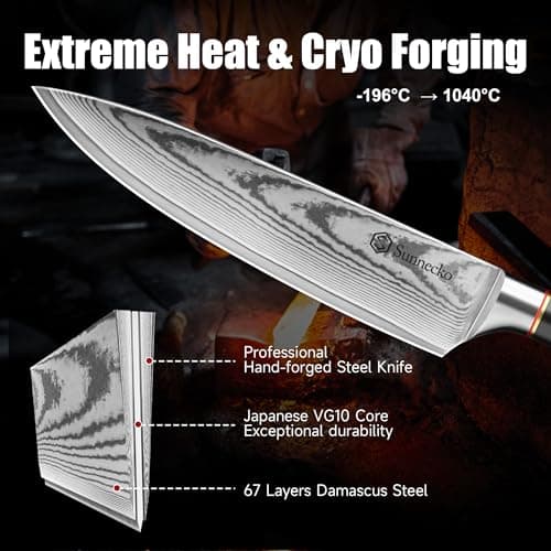 Sunnecko 8 Inch Chef Knife, Japanese Damascus VG10 Professional Kitchen Blade for Meat Vegetable Slicing, Ultra Sharp Cooking Tool with Manual Sharpener & Gift Box Packaging, Multi-purpose Chefs Knife - Thumbnail 3