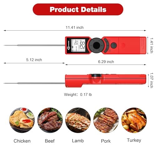 Thermochef Meat Thermometer Digital Instant Read for Grilling, High Accuracy ±1% ℉, Backlit Screen with Auto Wake/Sleep, Food Doneness Guide Thermometer for Cooking, BBQ Beef Birthday Gifts Red - Thumbnail 5