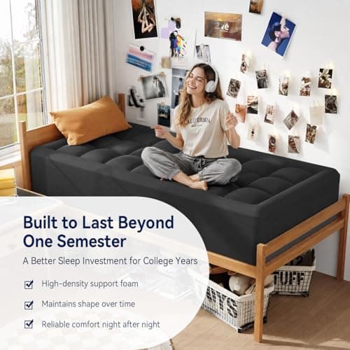 ELEMUSE Twin XL Dorm Dual Layer 3 Inch Memory Foam Mattress Topper for College, Dorm Room Essentials, 2 Inch Cooling Gel Foam and 1 Inch Soft Pillow Top Bed Pad,Back to School,Black - Thumbnail 3