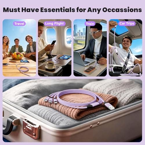 2Packs 4FT Multi Charging Cable with 2 USB-C/IP Port, Purple Charging Cords for Multiple Devices, USB C Splitter Cable, Universal Charger Cord Car Accessories for iPhone17-8, Androids iPad and More - Thumbnail 6