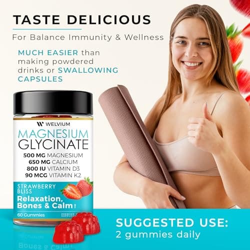 WELVIUM Magnesium Glycinate Gummies with Ashwagandha, L-Theanine - 500mg Magnesium Glycinate, D3, K2, B6, Calcium, Zinc, Potassium Supplement for Muscle, Immune and Bone Support, Chewable Magnesium - Thumbnail 2