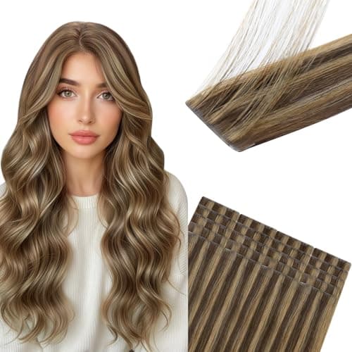 Sunny Hair Invisible Injected Tape in Hair Extensions Brown Highlight, 24inch 20Pcs 50g Real Human Hair for Women, Hand Sewn Natural Hair Extensions for Natural Volume and Glossy Shine - Image 1