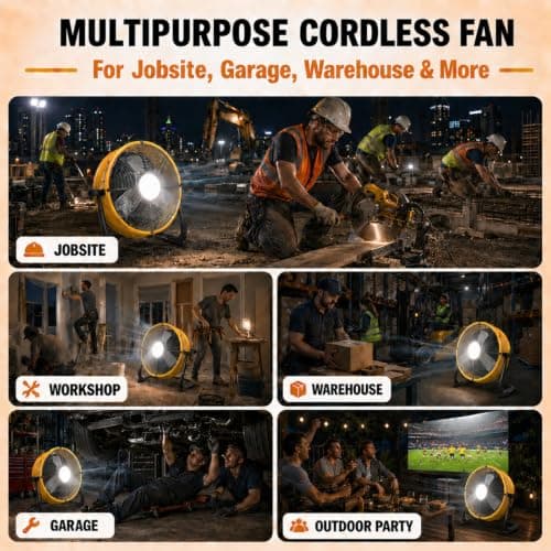 T-SUN 16'' Cordless Battery Powered Fan Compatible with Dewalt 18V/20V Battery, Portable Floor Fan with LED Light, USB Type C Port, Stepless Speeds, Industrial Fan for Garage Patio Warehouse Camping - Thumbnail 3