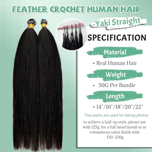 Licoville Human Crochet Hair 20 Inch 50G Soft Natural Knotless Yaki Straight Feather Crochet Extensions 100% Burmese Real Human Hair Light Yaki Straight Crochet Hair for Black Women #1B Natural Color - Thumbnail 2