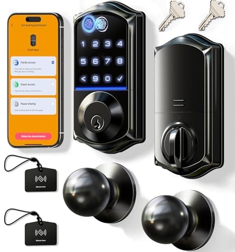 Veise VE017-K Fingerprint Smart Lock with 2 Knobs, App Control, Keyless Entry Front Door Lock Set, Electronic Touchscreen Keypad Deadbolt, Emergency Power Port, Easy Install, Auto-Lock, Matte Black - Image 1