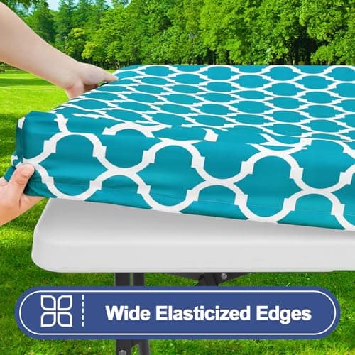 Smiry Picnic Table Cover with Bench Covers, Waterproof Elastic Fitted Tablecloth for 6 Foot Tables, Washable Polyester Tablecloths for Camping, Indoor & Outdoor (Teal, 30x72 Inch 3-pc Set) - Thumbnail 2