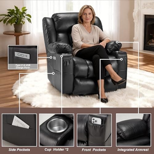 Osumlee Large Power Lift Recliner Chair with Massage and Heat for Elderly, Oversized Heavy Duty Faux Leather Recliner, USB & Type-C Ports, 2 Cup Holders (Black) - Thumbnail 4