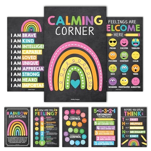 Hadley Designs 8 Calming Corner Posters for Classroom Must Haves -Calm Down Corner Supplies with Emotion Chart,School Counselor Mental Health Poster,Feelings Chart For Kids, Chalkboard Classroom Decor - Image 1