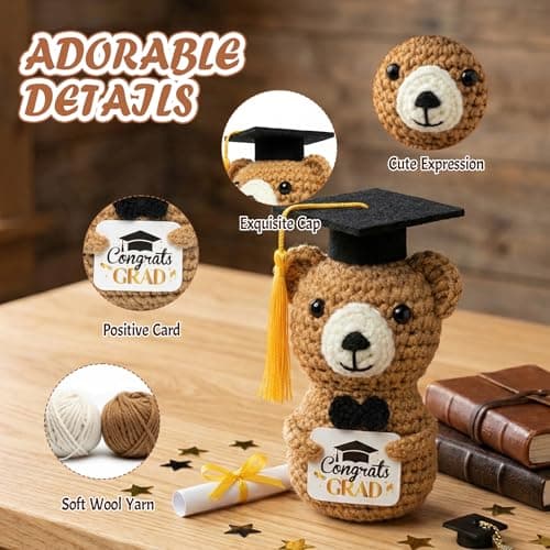 NIUBEHOHO Graduation Crochet Bear Graduation Gifts - Handmade Brown Bear with Congrats Grad Crad Graduation Box Mesh Bag for Him Her College Classmates Graduate You Did It Gift - Thumbnail 6