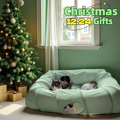 XxingSheep 4 Ways Shuttled XL Cat Tunnel Bed for Indoor Cats Peekaboo Cat Cave Donut with Cool Mat (Green) - Thumbnail 2