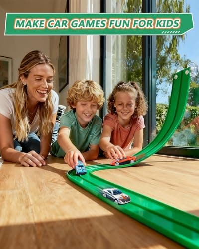 FITNOVO Flexible Race Track for Kids – 15 Ft Roll-Up Car Track with Suction Cups, Fits 1:64 Diecast Cars, Portable Bendable Track Toys for Boys Girls Ages 3+, Green - Thumbnail 5