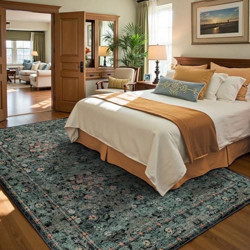 Farmhouse 9x12 Dark Green Floral Living Room Area Rugs, Large Washable Vintage Distressed Rug for Bedroom, Dining Room Under Table, Moody Low Pile Non-Slip Retro Carpet, Soft Boho Art Deco Mat - Thumbnail 5