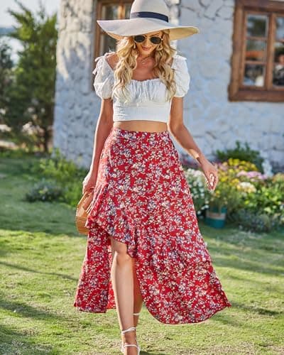 BTFBM Women 2026 Spring Summer Long Skirts Dress Boho Floral Elastic Waist Split Ruffle High Low Beach Maxi Skirt Clothes(Print Floral Red, Small) - Thumbnail 2